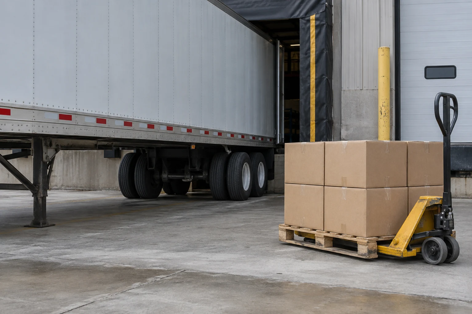 Generic industrial loading area with a docked trailer, cartons and a pallet jack
