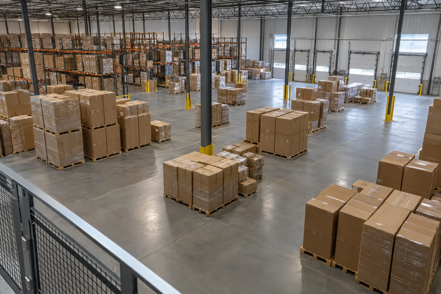 Generic warehouse viewed from an elevated position with plain palletized cartons and clear walkways