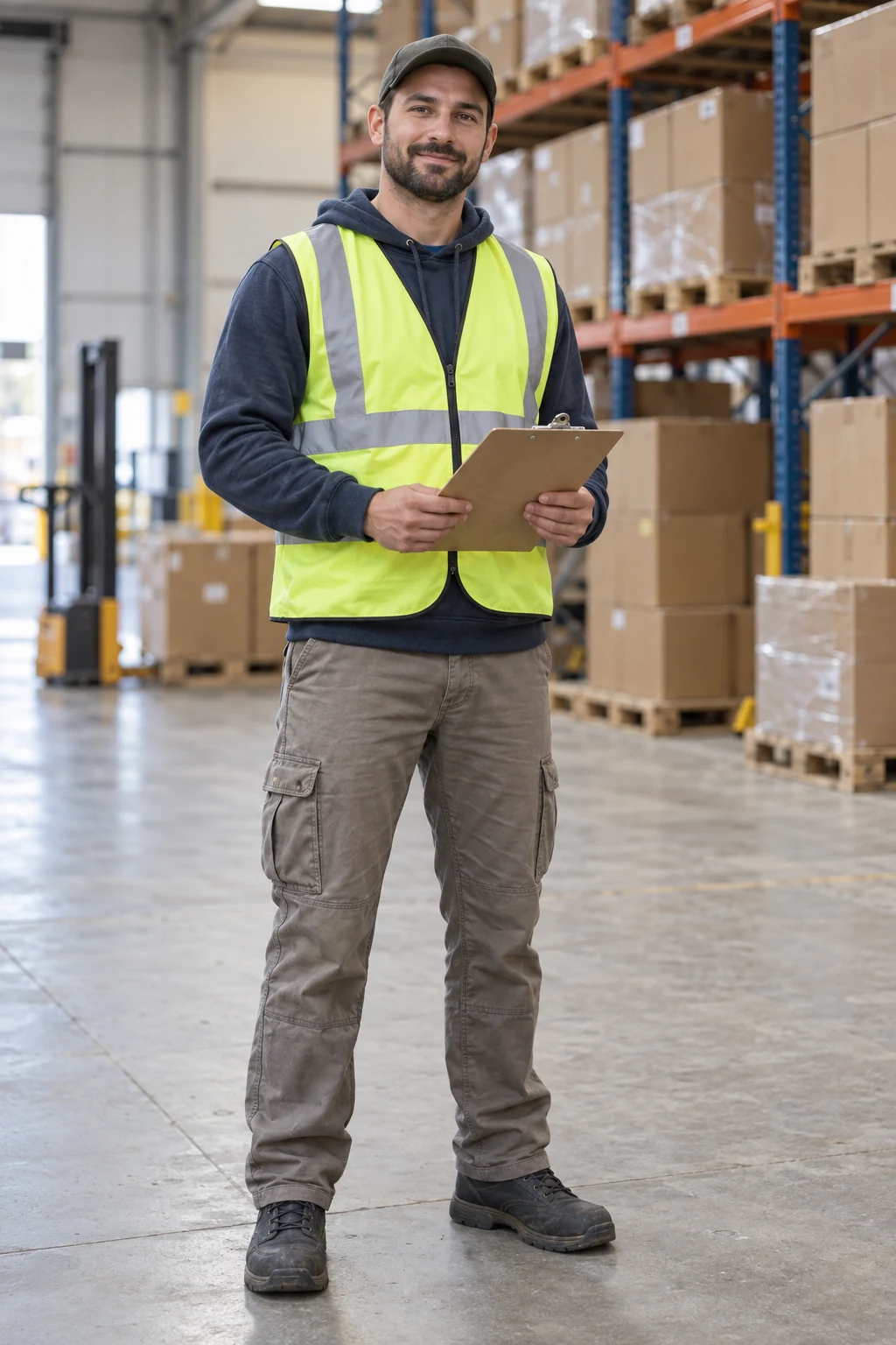One fictional warehouse worker holding a plain clipboard